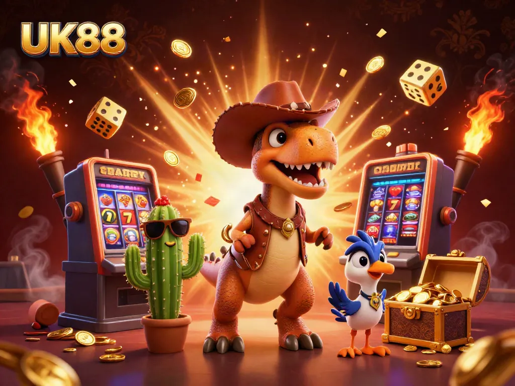 Experience the thrilling world of UK88 with a vibrant 3D casino scene featuring dynamic characters and jackpot excitement.