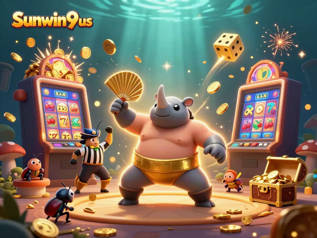 Experience the excitement of Sunwin9 us with a vibrant, energetic casino-themed illustration featuring dynamic characters and rich gaming elements.