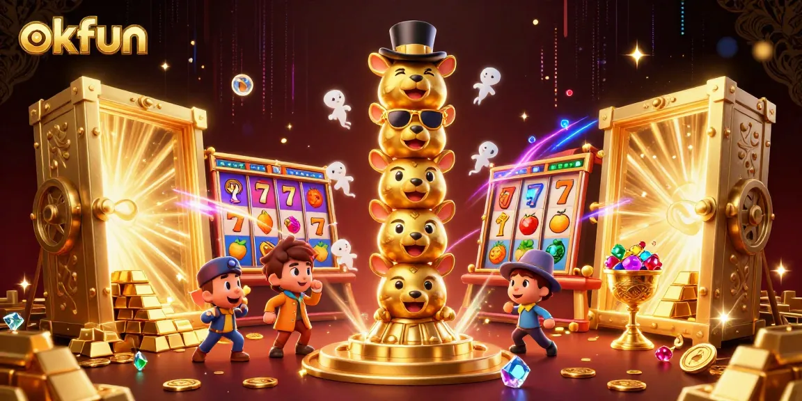 Spin and win at okfun with vibrant slot reels and a thrilling golden totem illustration.