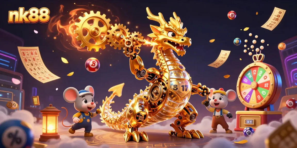 Join nk88 as the golden dragon breathes gears amidst colorful lottery elements in this 3D illustration.