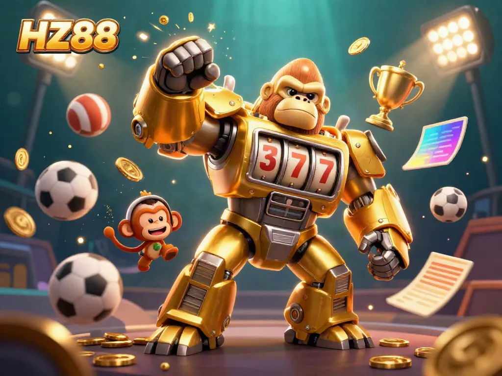 Experience HZ88's vibrant gaming universe with golden gorilla mech and dynamic sports elements.