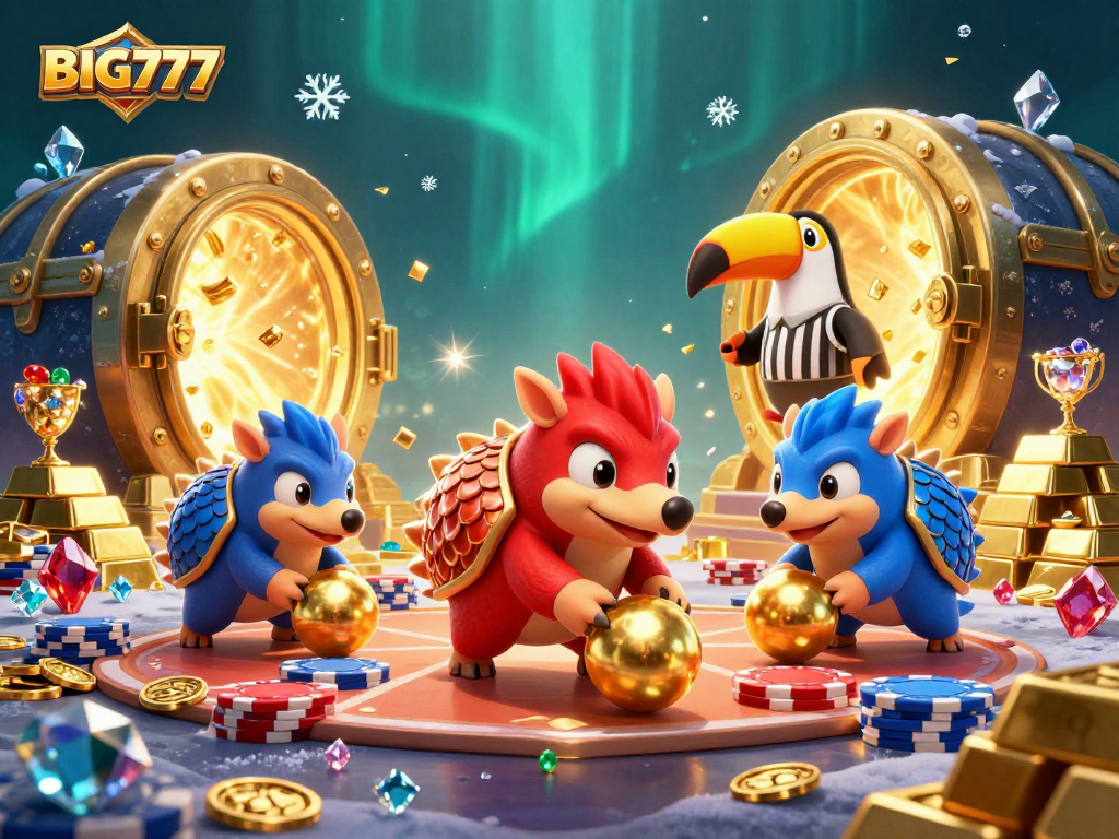 Engage in exciting gameplay with BIG777 featuring rival pangolins bowling through poker chips in a vibrant casino scene.
