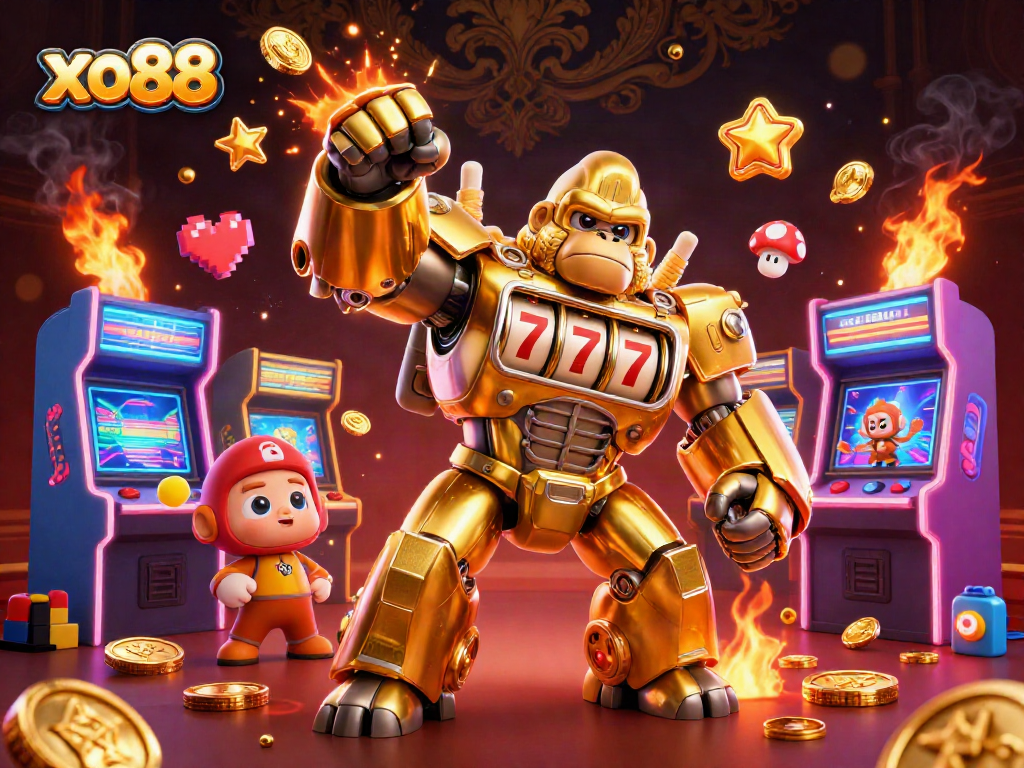 Play slots and win big with xo88's thrilling arcade-themed illustration featuring a powerful gorilla mech.