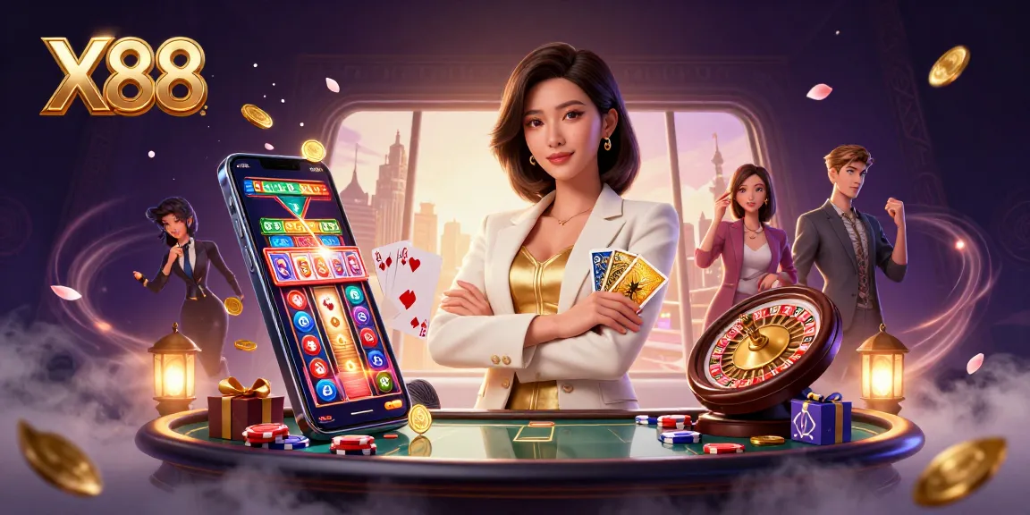 X88 dealer demonstrating winning strategies at the casino table, showcasing upscale gaming experience.