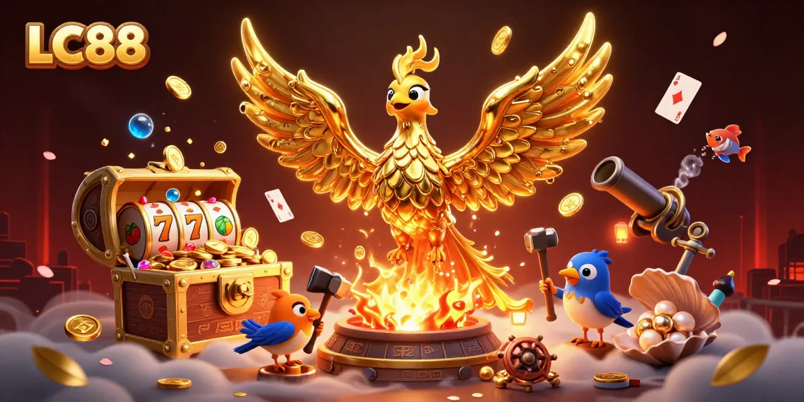 Experience thrilling gaming adventures with LC88, where golden phoenix and vibrant game elements symbolize luck.