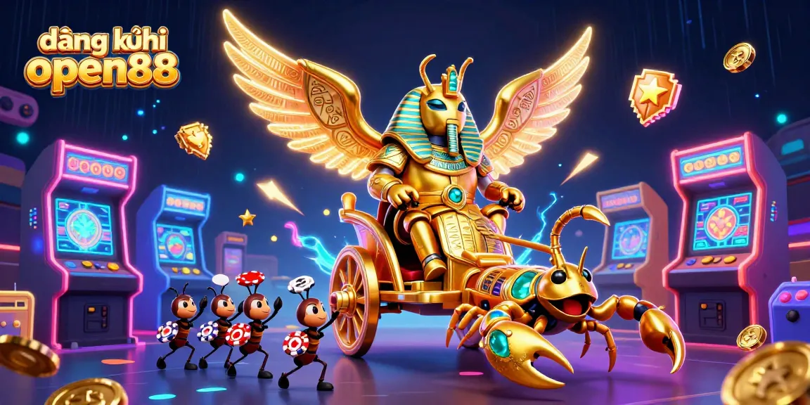 Experience the thrill of đăng ký open88 with this vibrant 3D casino illustration featuring a golden beetle and scorpions.
