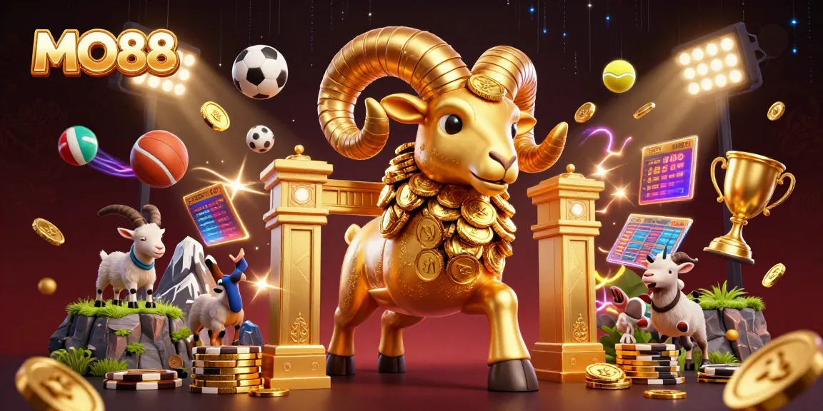 Engaging illustration of MO88 casino energy featuring a golden ram amidst dynamic sports elements, symbolizing exciting gameplay.