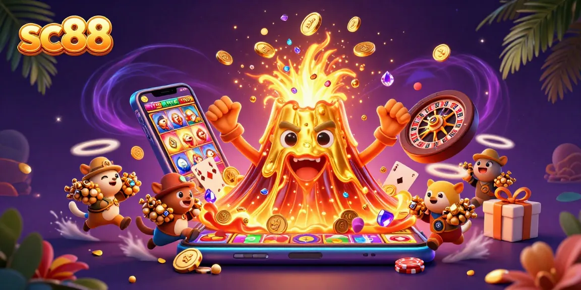 Engage with sc88's thrilling gaming adventure as golden coins erupt from a triumphant volcano.