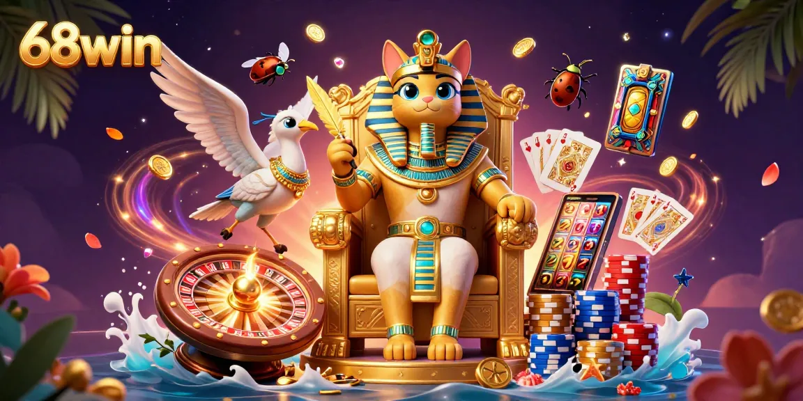 Spin the reels with 68win's vibrant casino experience featuring golden coins, gems, and lively game elements.