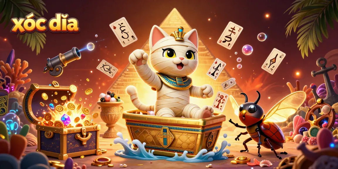 Experience xóc đĩa excitement with a vibrant 3D Egyptian-themed casino scene filled with treasures.