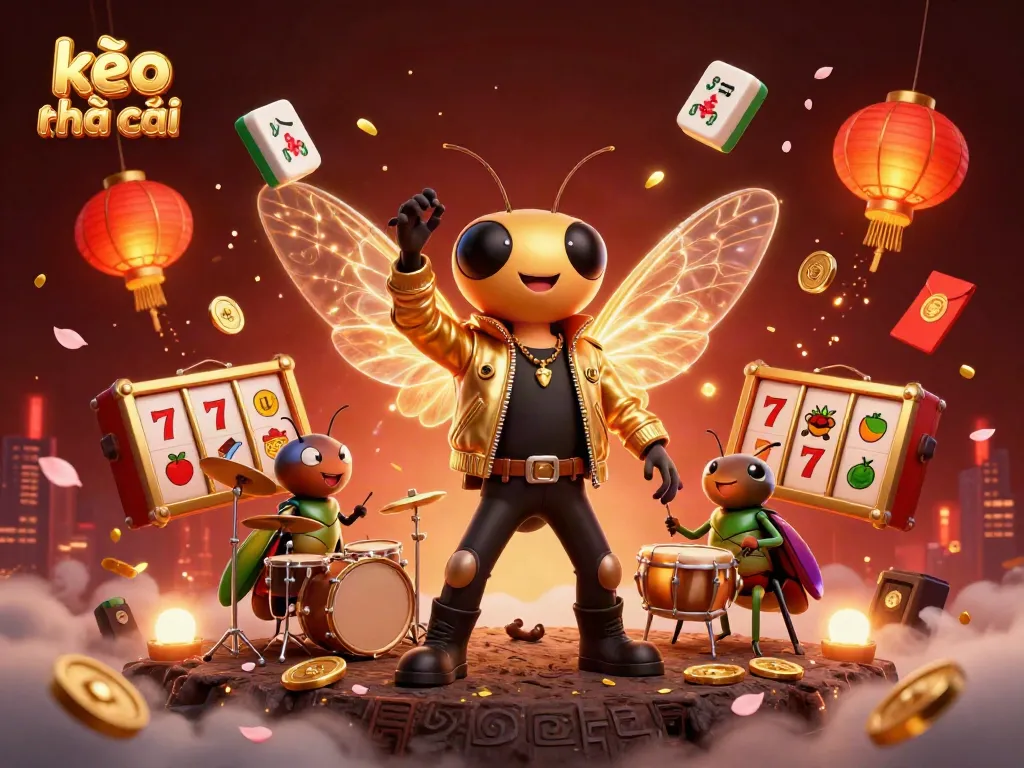 Experience thrilling kèo nhà cái action with a vibrant 3D casino illustration of a cicada rock star, lucky symbols, and festive elements.