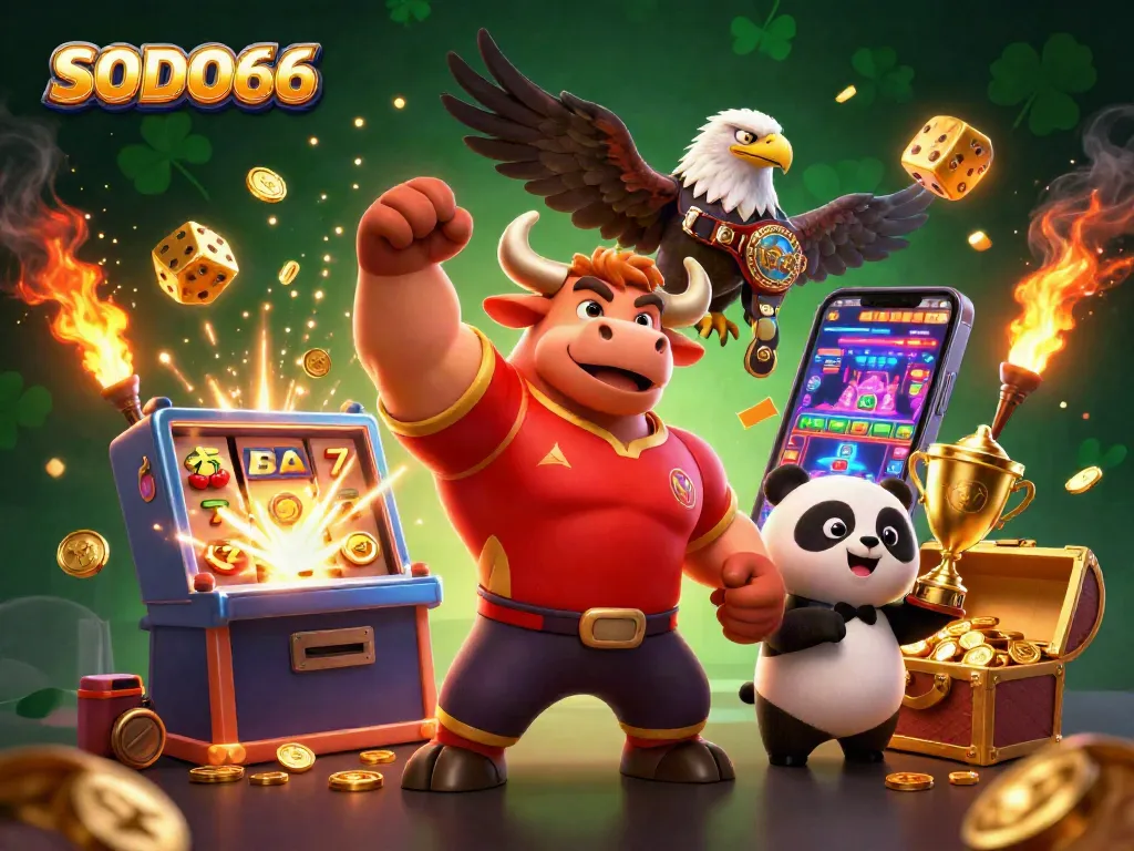 SODO66 celebrates jackpot wins with vibrant characters and a dynamic casino scene.