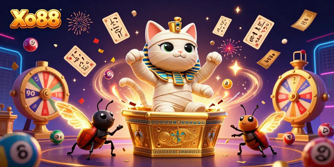 Xo88 promotional art featuring a cartoon mummy cat casino scene filled with lottery elements