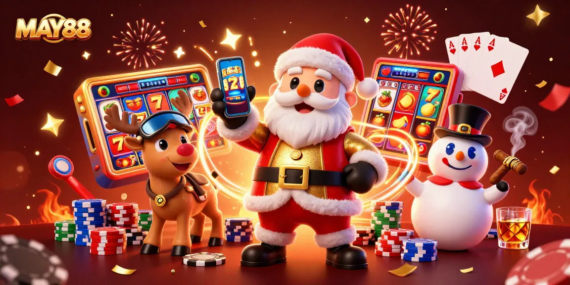 Celebrate jackpots at MAY88 with Santa and friends in a vibrant casino scene.