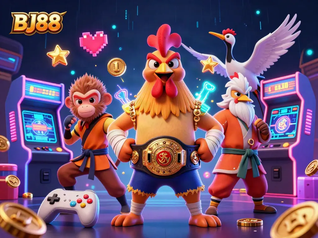 Experience thrilling BJ88 action in a vibrant 3D casino illustration filled with game elements and dynamic characters.