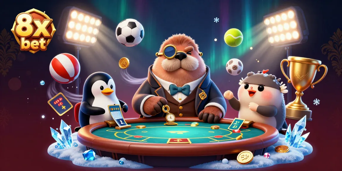 Experience the thrill of 8x bet with a playful walrus and friends at an underwater poker table.