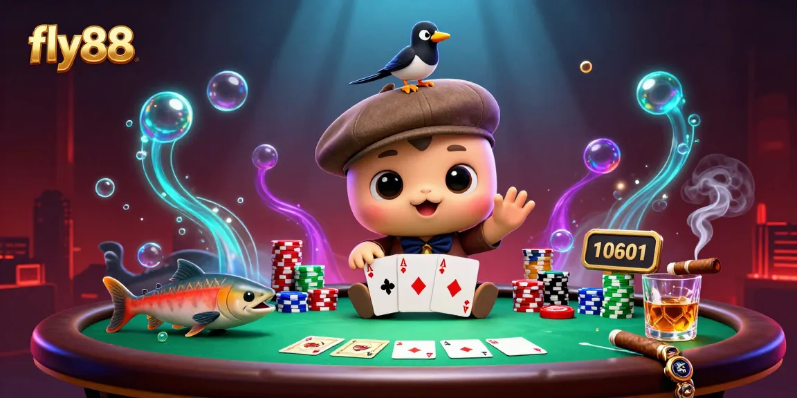 Experience excitement at fly88 with a playful Nessie and friends gathering around a poker table.