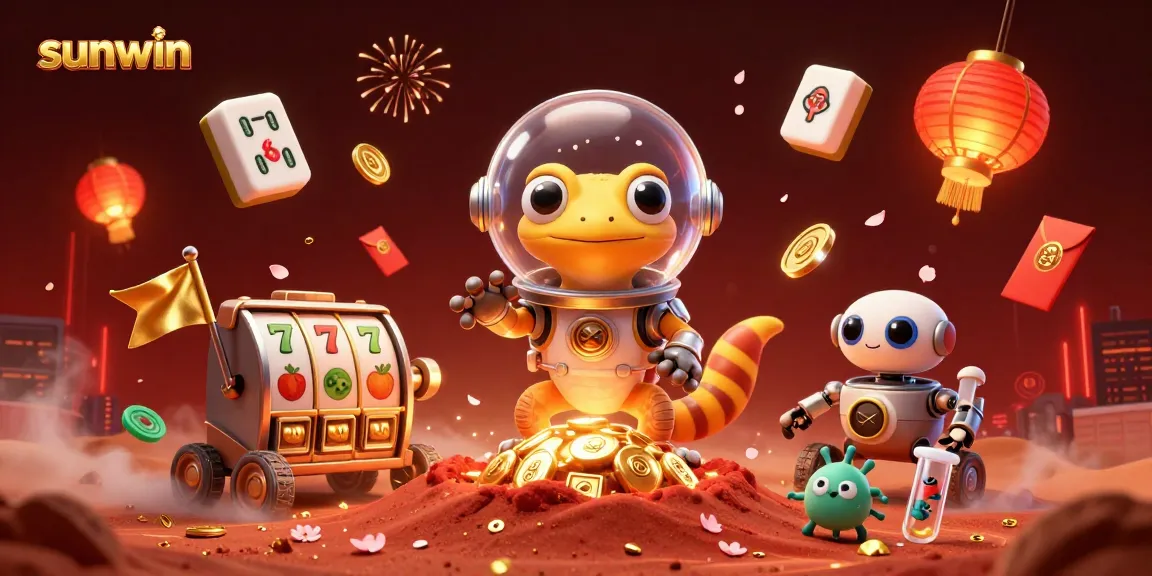 Engage with sunwin's vibrant casino atmosphere featuring a Martian gecko discovering treasures.