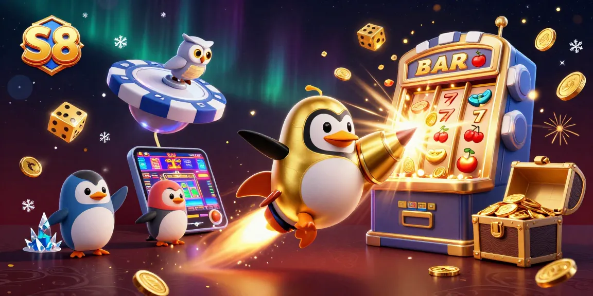 S 8 penguin and slot machine celebrating big wins in a vibrant casino space scene.