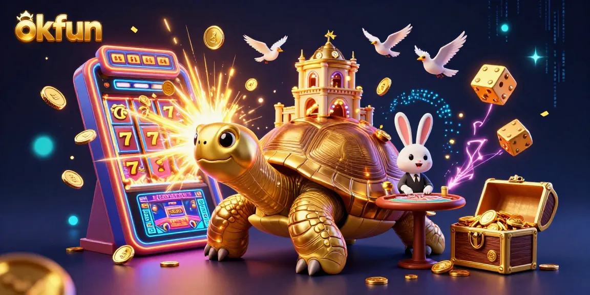 Experience excitement at OKFUN with a vibrant casino scene featuring our golden tortoise mascot among games!