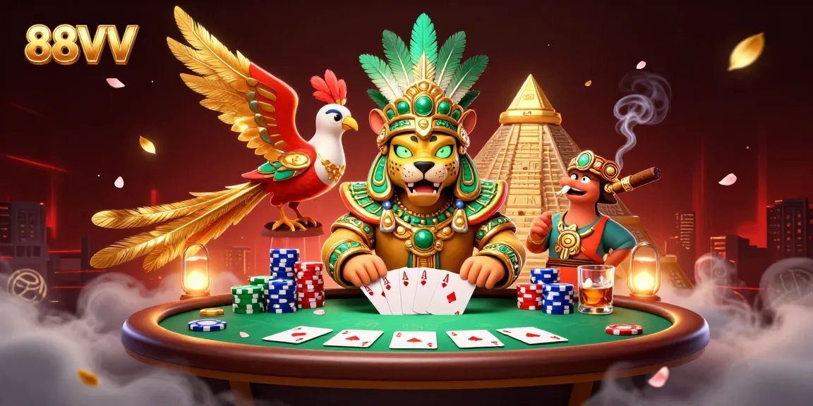 Experience exciting gaming with 88VV's animated Mayan priest and quetzal bird in a vibrant casino scene.