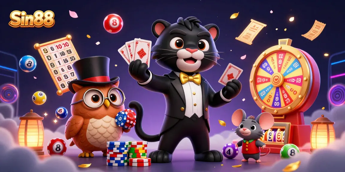 Sin88 showcases a dynamic 3D cartoon illustration of a stylish panther dealing cards amidst vibrant casino elements, embodying rich gaming excitement.