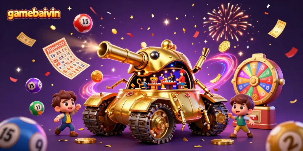 Win big with gamebaivin featuring a golden beetle tank casino amidst lively lottery elements!