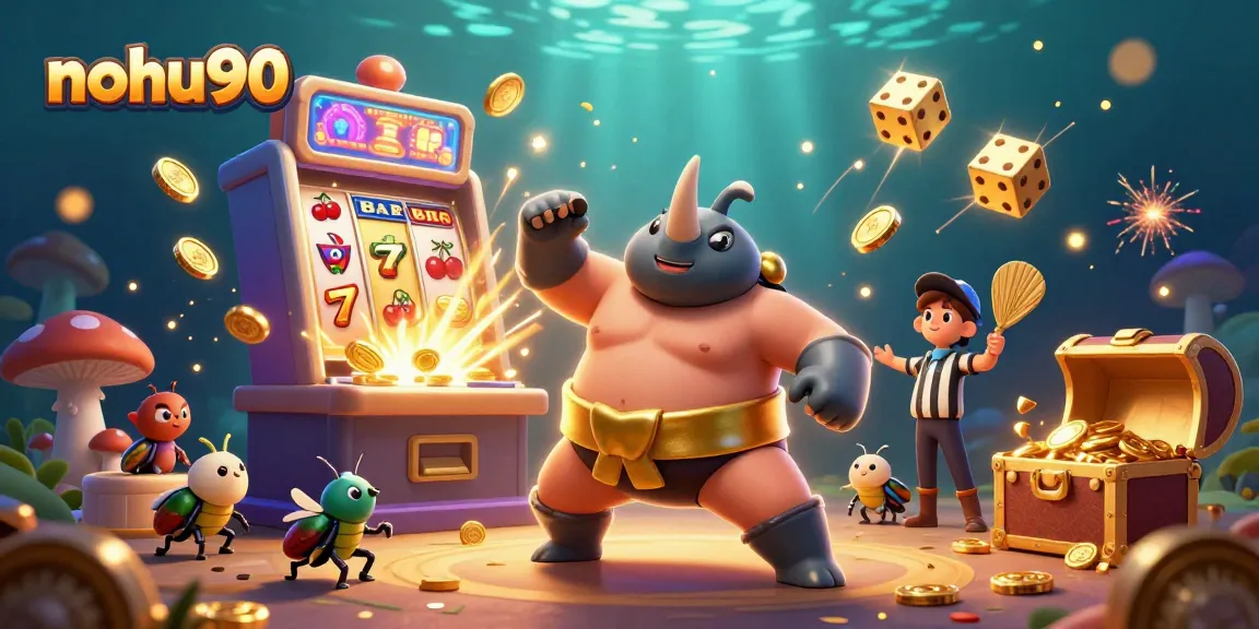 Nohu90 brings exciting gameplay to life with a thrilling jackpot scene featuring a beetle champion and dynamic casino elements.
