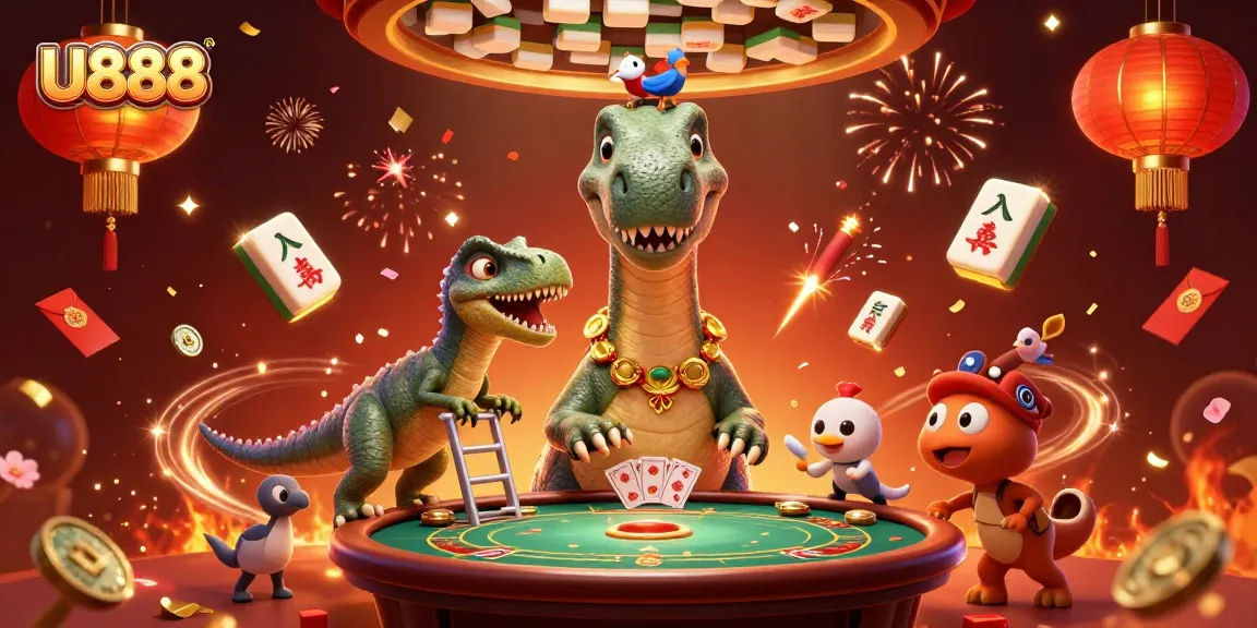 Experience exciting gameplay at U888 with a colorful illustration of a giant brontosaurus interacting in a vibrant casino.