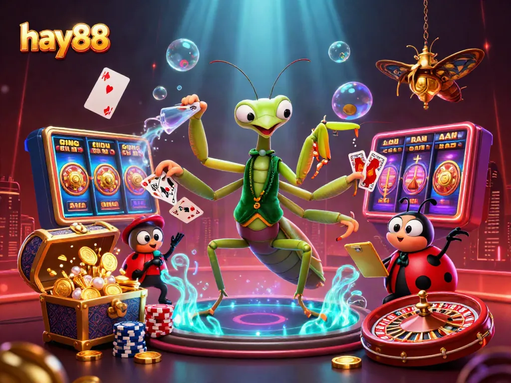 Experience excitement at hay88 with a vibrant, dynamic casino scene featuring colorful slot reels and lively characters.