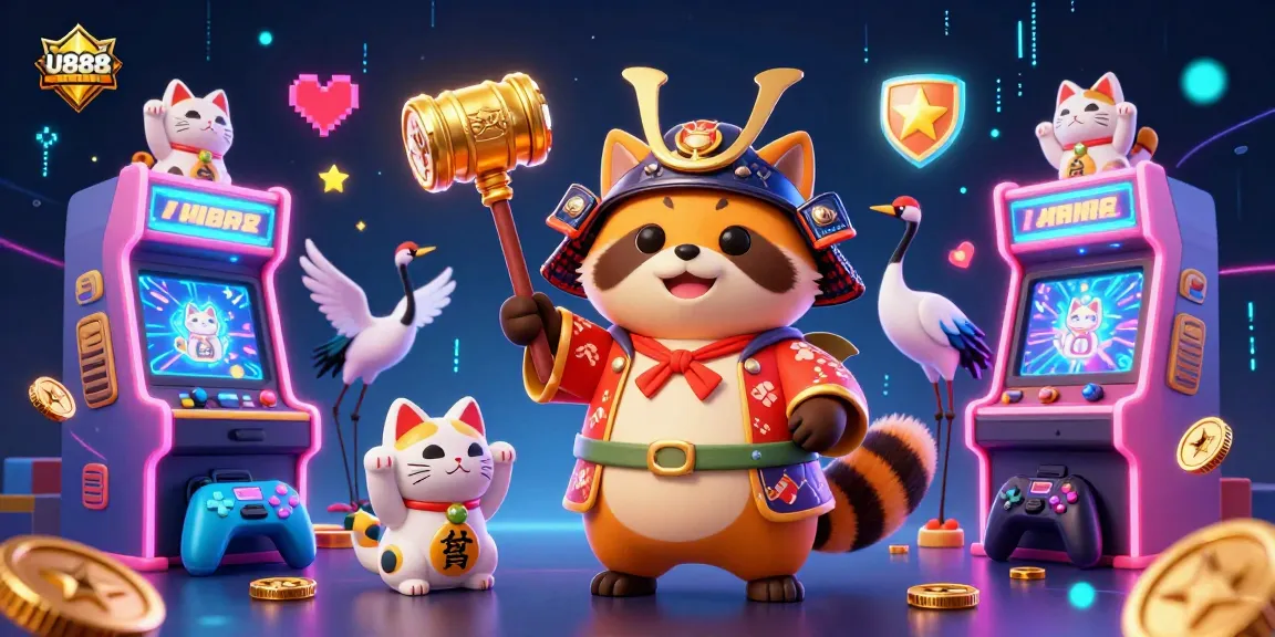 Experience U888’s animated casino fun with a cheerful tanuki and vibrant game elements!