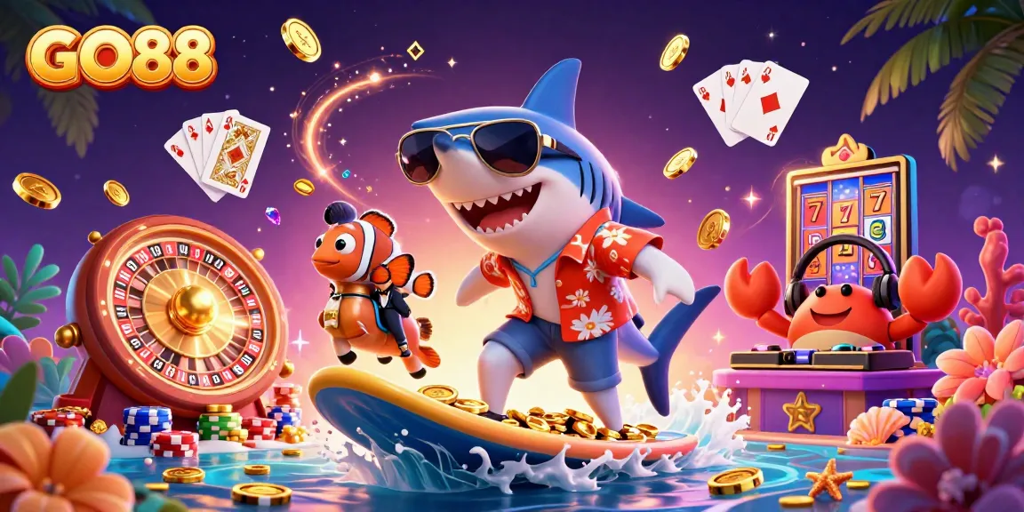 Experience the thrill of GO88 with a lively underwater casino scene featuring a hammer-head shark and more!
