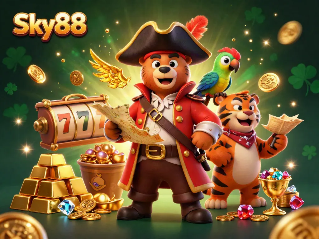 Sky88 pirate bear and tiger celebrate with treasure in a dynamic casino scene.