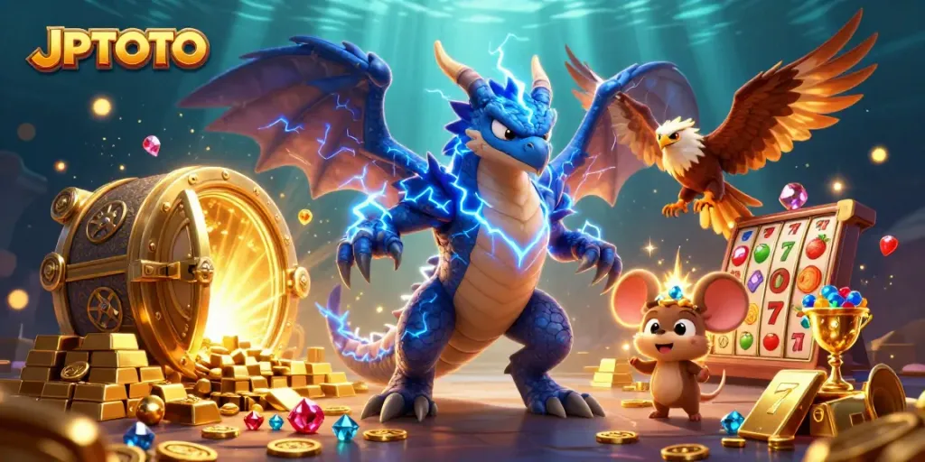 Engage in thrilling wins with JPTOTO’s colorful slot reels amidst dynamic casino elements.
