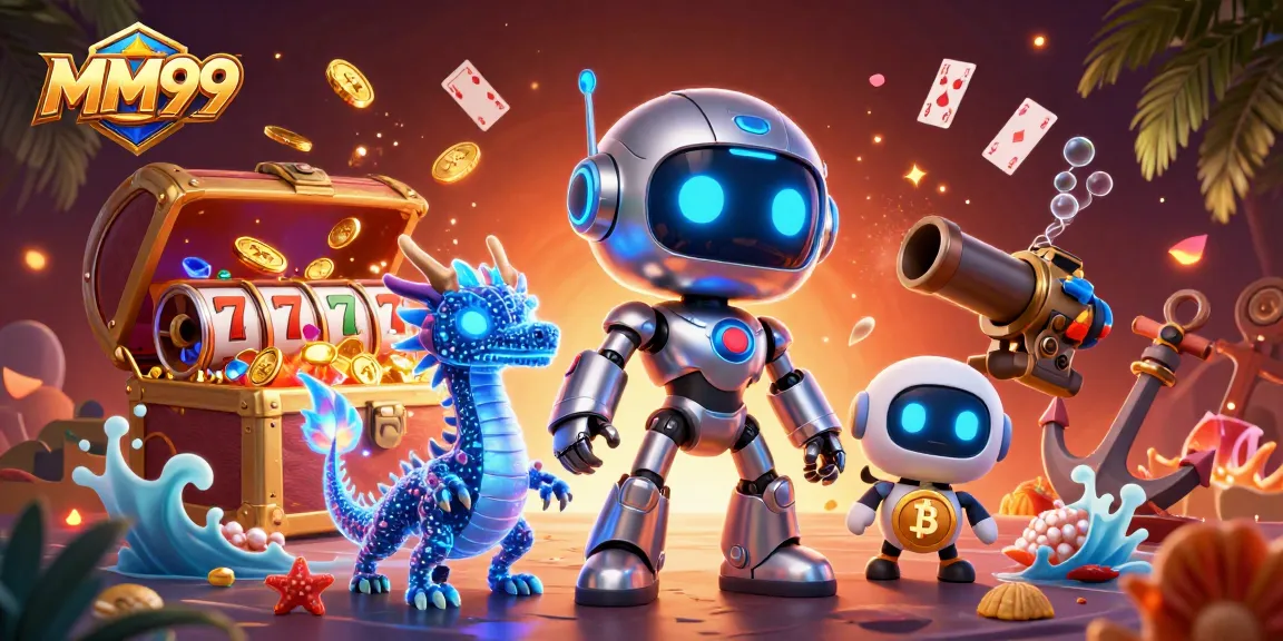 Join the excitement of MM99 as a cyberpunk mascot and AI dragon explore a vibrant casino world.