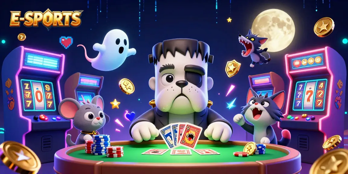 Engage with E-SPORTS action as a Frankenstein bulldog deals cards amidst a vibrant casino atmosphere.