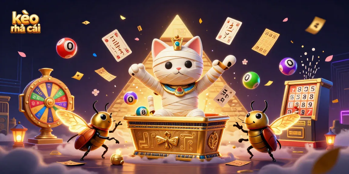 Engage with kèo nhà cái in a vibrant 3D casino scene featuring a mummy cat and dynamic lottery elements.