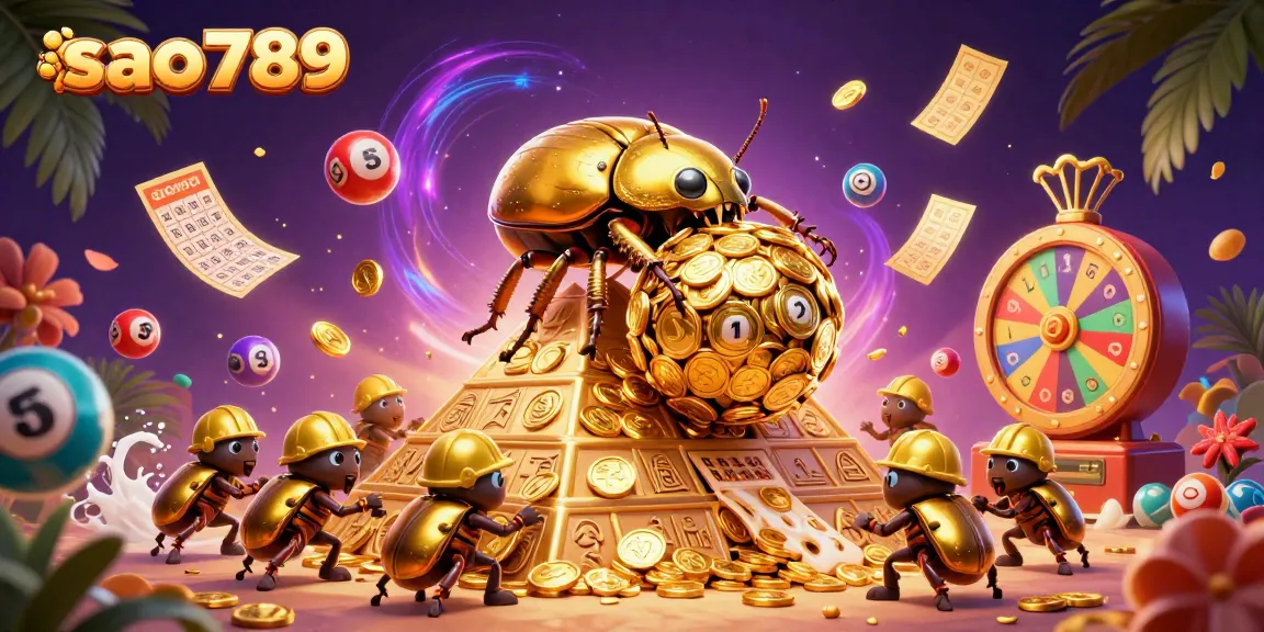Experience action at sao789 with 3D cartoon beetles promoting jackpot excitement amidst bouncing lottery balls and golden tickets.