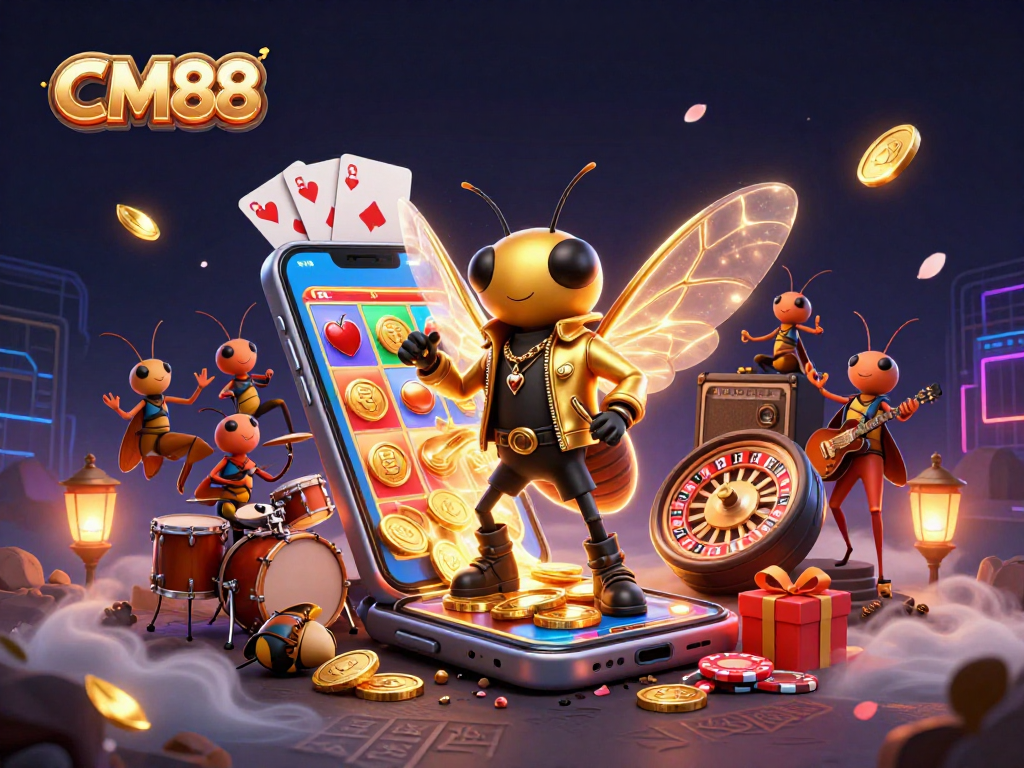 Engage with CM88's dazzling casino offerings featuring a rock star cicada, vibrant game elements, and festive atmosphere.