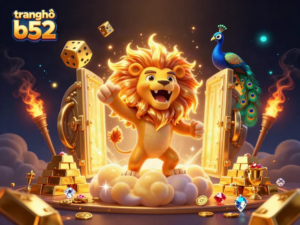 Experience the excitement of trang chủ b52 with a roaring lion and golden casino elements.
