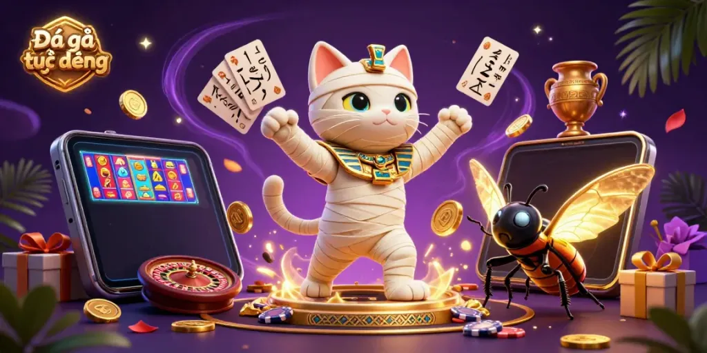 Experience Đá gà trực tiếp live streaming with an artistic blend of vibrant casino elements and ancient Egyptian themes.