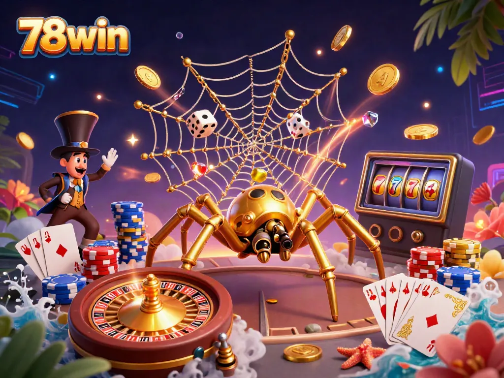 Engage with the 78win adventure, featuring a steampunk spider amidst golden casino elements.