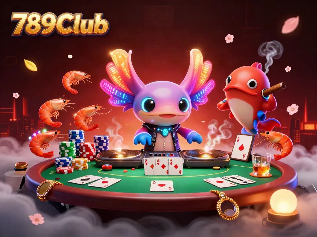 Experience the vibrant scene of 789Club with a neon axolotl DJ and lively shrimp dancing at an underwater casino.