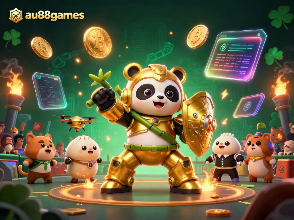 Engage in thrilling action at au88games with a dynamic 3D casino scene showcasing crypto elements and animated characters.