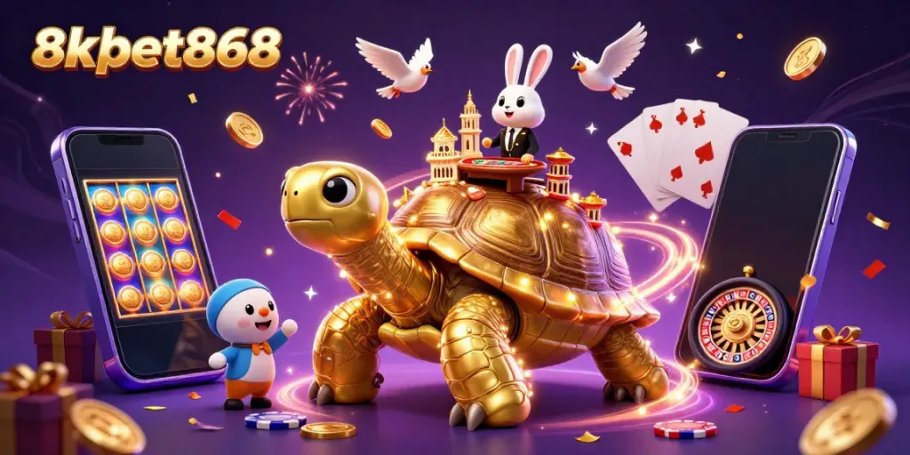 Experience a vibrant gaming atmosphere at 8xbet868, featuring a unique casino scene with golden tortoise and rabbit dealer.