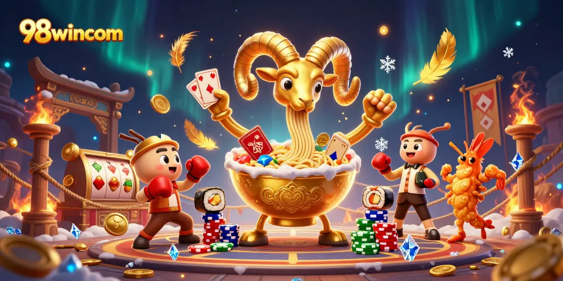 Engage in thrilling action with 98wincom's dynamic casino characters featuring card dealers and vibrant game elements.