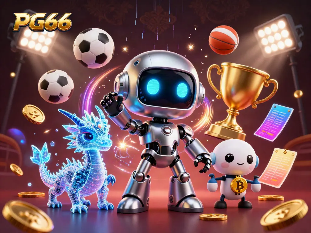 Experience PG66 with a vibrant casino-themed 3D illustration featuring dynamic characters and gaming elements.