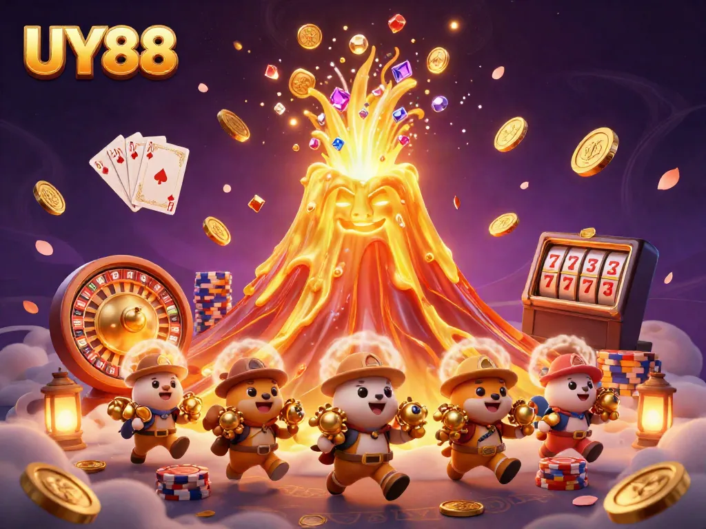 Experience the thrilling eruption of UY88's golden volcano amidst a treasure-filled casino adventure.