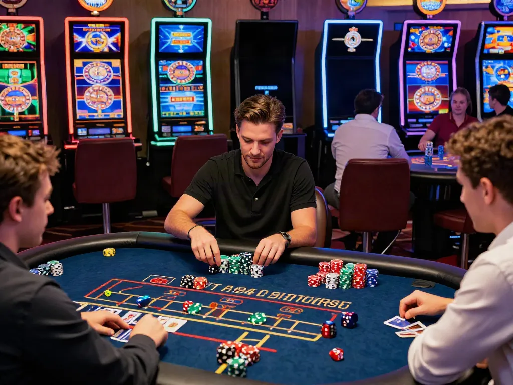 Exciting non gamstop UK casino scene with players at a gaming table and colorful chips.