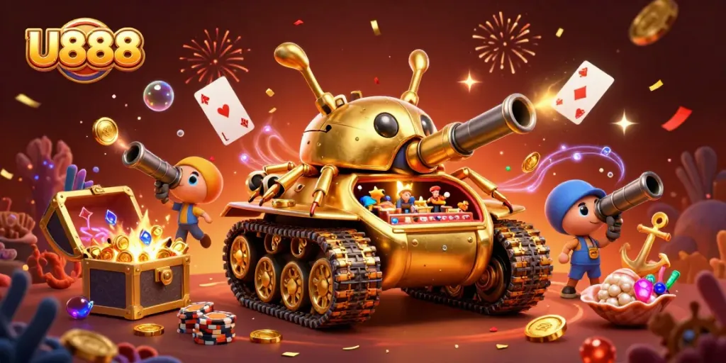 Experience U888 with a 3D cartoon beetle tank revealing a festive casino atmosphere filled with excitement.